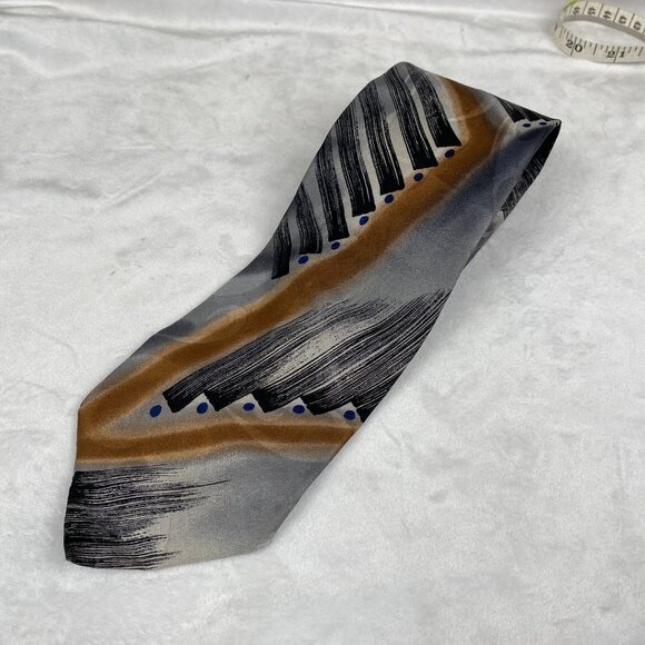 ZYLOS George Machado Neck Tie Mens 59x4 Abstract Black Gray Brown Classic SILK - Picture 1 of 5